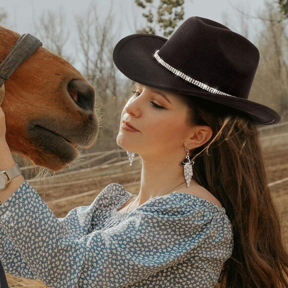 8959 Cowboy Hat Rhinestone Cowgirl Boots Earrings Set Western Felt main image 8